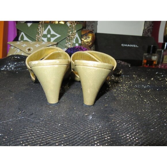 Escada Vintage Gold Satin & Leather Kitten Heeled Mules Sandals size 6 B - Picture 3 of 9